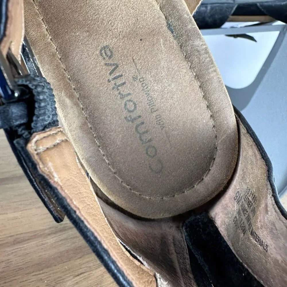 Comfortiva Womens Black Leather Ankle Strap 9M Comfort Sandal Sun Boho Y2K
